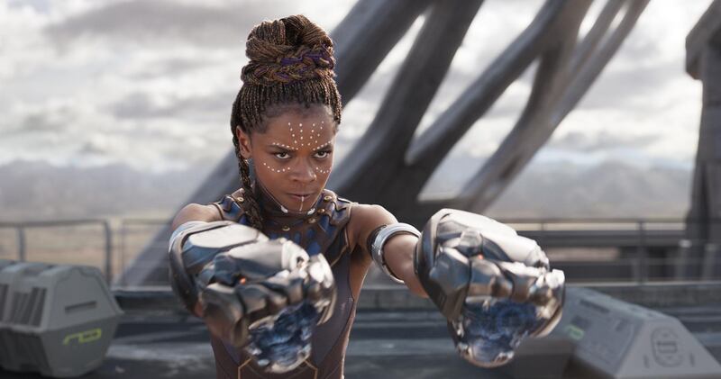 This image released by Disney -Marvel Studios shows Letitia Wright in a scene from "Black Panther." Actress Danai Gurira says the representation of women in the film is important for young girls to see. The film features a number of powerful female leads, including Gurira as the head of a special forces unit, Lupita Nyongâ€™o as a spy, Angela Bassett as the Queen Mother and newcomer Wright as a scientist and inventor.  (Matt Kennedy/Disney/Marvel Studios via AP)