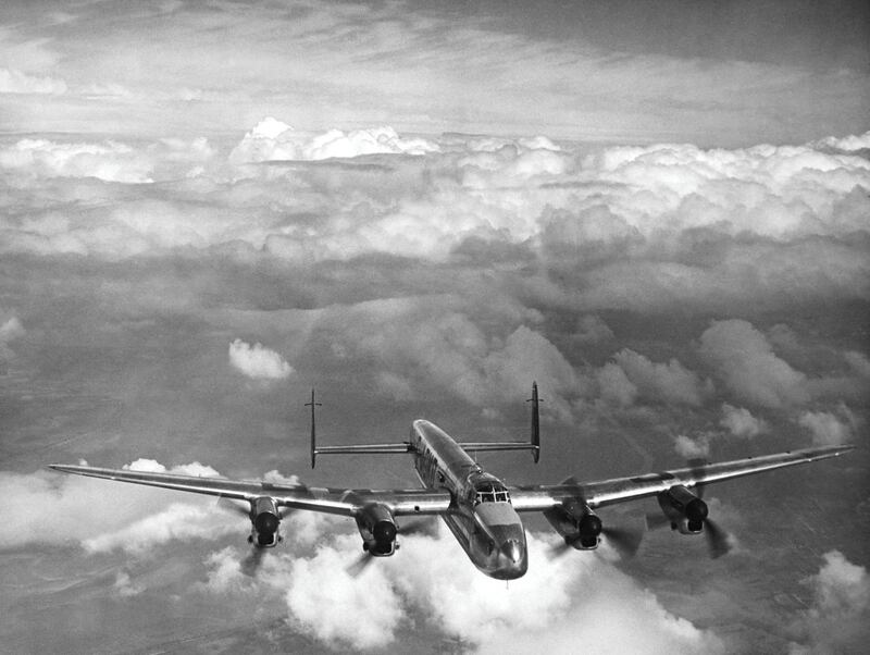 A converted Avro Lancaster heavy bomber the Avro 683 Lancastrian MkI  passenger airliner of the BOAC - British Overseas Airways Corporation registration G-AGMO  flying above the United Kingdom circa 1946.  (Photo by Hulton Archive/Getty Images).