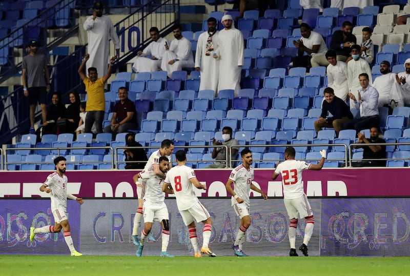 UAE's Harib Abdallah celebrates with teammates after scoring. Reuters