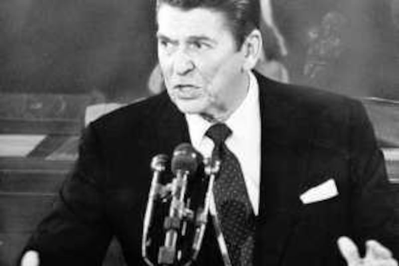 President Ronald Reagan makes a point while addressing a Joint Session of Congress Tuesday night, January 26, 1982, on Capitol Hill.  Reagan said that he would hold the line on tax increases but wanted more help from state and local governments on federal programs. (AP Photo/stf)