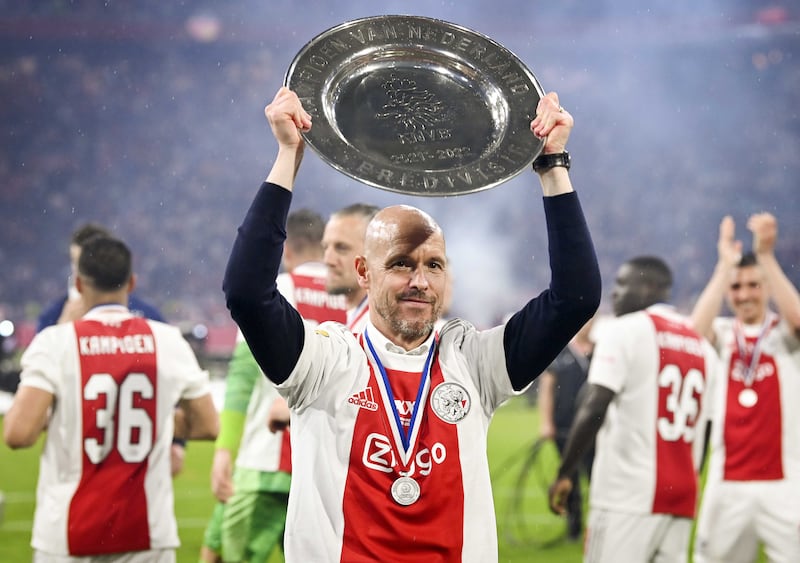 Ajax coach Erik ten Hag celebrates winning the Dutch league title after his team beat Heerenveen 5-0 in Amsterdam on Wednesday, May 11, 2022. EPA