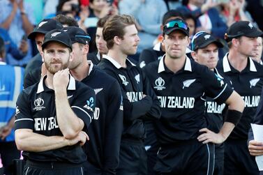 New Zealand captain Kane Williamson and teammates looks dejected as they await their runners up medals after losing Sunday's Cricket World Cup final to England at Lord's. Reuters