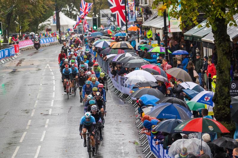 Cyclists compete in the Road World Championships in Yorskhire, England, on Sunday, September 29. EPA