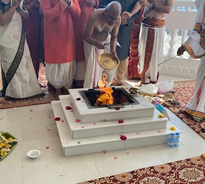 Srinivasan Ramanujam celebrating his 80th birthday at the Hindu temple.  Photo: Srinivasan family 

