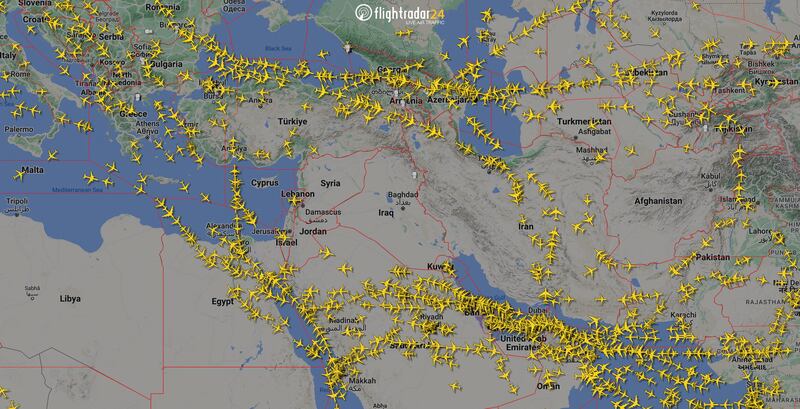 Air traffic over Iran and the Middle East on Sunday after flights were cancelled and diverted. Reuters
