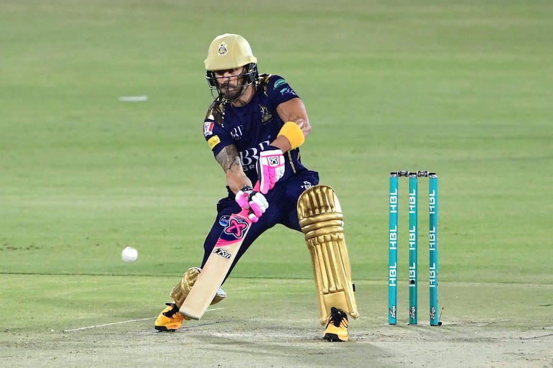 Quetta Gladiators' Faf du Plessis plays a shot during the Pakistan Super League (PSL) T20 cricket match between Islamabad United and Quetta Gladiators at the National Stadium in Karachi on March 2, 2021. (Photo by Asif HASSAN / AFP)