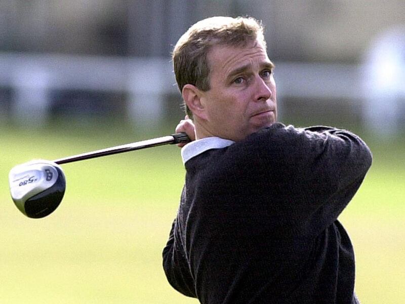 Prince Andrew plays a shot at the Royal and Ancient Golf club in St Andrews, Fife, when he was made captain. Getty/file