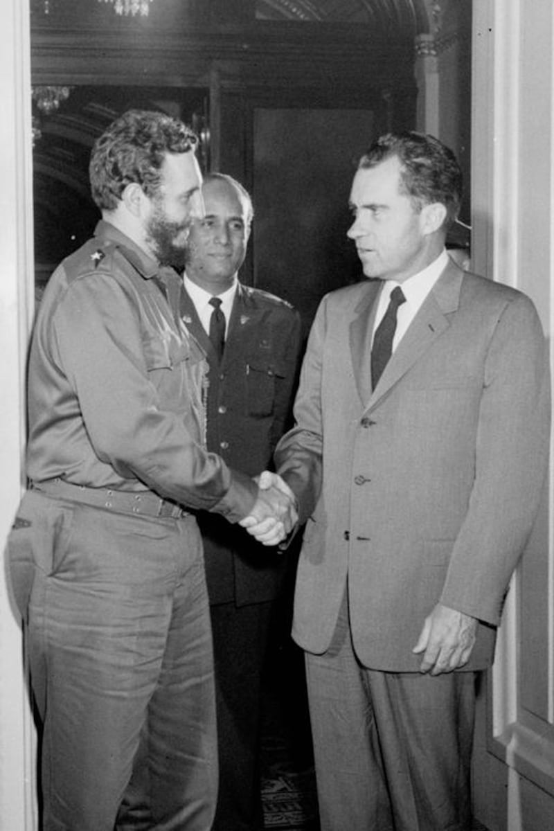 The US vice president Richard Nixon, right, shakes hands with Fidel Castro after a private meeting at Nixon’s office in Washington, DC, on April 19, 1959. AP Photo