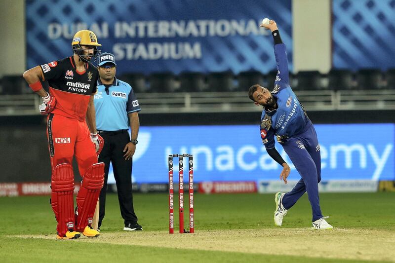 Krunal Pandya of Mumbai Indians  bowling during match 10 of season 13 of the Dream 11 Indian Premier League (IPL) between The Royal Challengers Bangalore and The Mumbai Indians held at the Dubai International Cricket Stadium, Dubai in the United Arab Emirates on the 28th September 2020.  Photo by: Saikat Das  / Sportzpics for BCCI