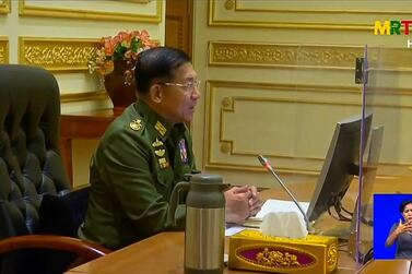 Army chief Min Aung Hlaing chairs a Cabinet meeting at the Presidential Palace in Myanmar's capital Naypyidaw on February 2, the first since civilian leaders were deposed in a coup on February 1. AFP