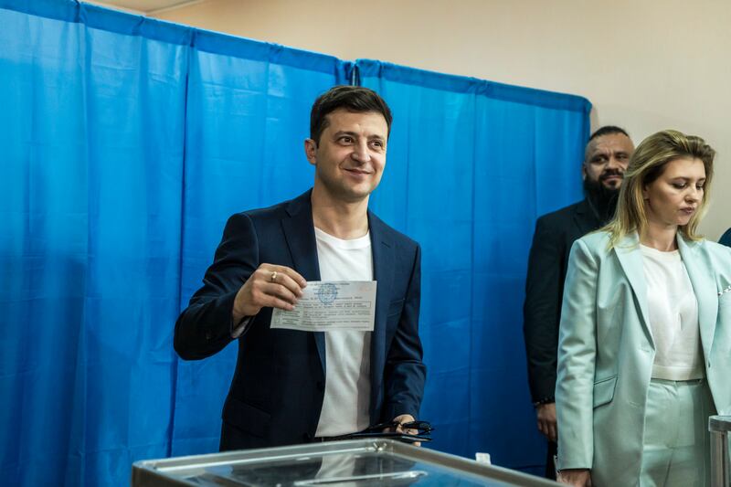 Mr Zelenskyy, as Ukrainian presidential candidate, and his wife Olena cast their ballots in April 2019 in Kyiv. Getty Images