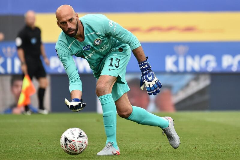 Chelsea's Argentinian goalkeeper Willy Caballero rolls the ball out during the English FA Cup quarter-final football match between Leicester City and Chelsea at King Power Stadium in Leicester, central England on June 28, 2020. (Photo by RUI VIEIRA / POOL / AFP) / RESTRICTED TO EDITORIAL USE. No use with unauthorized audio, video, data, fixture lists, club/league logos or 'live' services. Online in-match use limited to 120 images. An additional 40 images may be used in extra time. No video emulation. Social media in-match use limited to 120 images. An additional 40 images may be used in extra time. No use in betting publications, games or single club/league/player publications. /