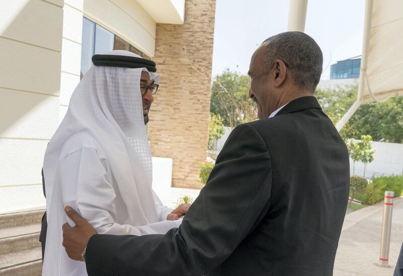 ABU DHABI, UNITED ARAB EMIRATES - October 08, 2019: HH Sheikh Mohamed bin Zayed Al Nahyan, Crown Prince of Abu Dhabi and Deputy Supreme Commander of the UAE Armed Forces (L), greets General Abdel Fattah Al Burhan, Chairman of Sudan's Sovereign Council (R), prior to a meeting at Al Shati Palace.

( Mohamed Al Hammadi / Ministry of Presidential Affairs )
---