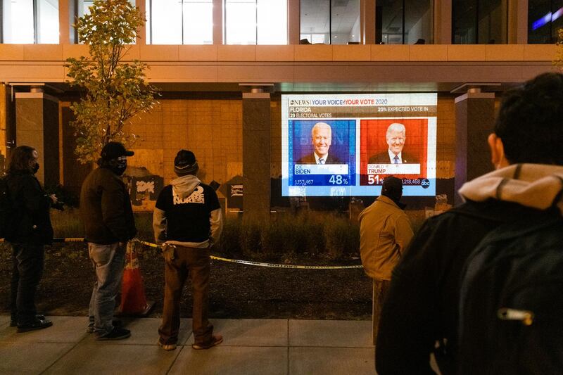 Florida election results are displayed on a screen in Black Lives Matter Plaza during the 2020 Presidential election in Washington, DC. Bloomberg