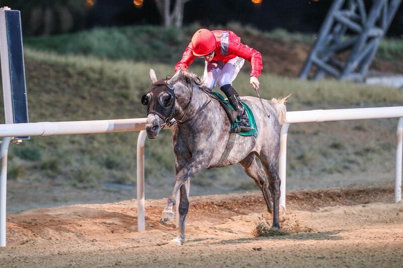 SHARKH (FR) ridden by Pat Cosgrave wins the 9F Al Markhaniya Maiden, race 3, at Al Ain, UAE