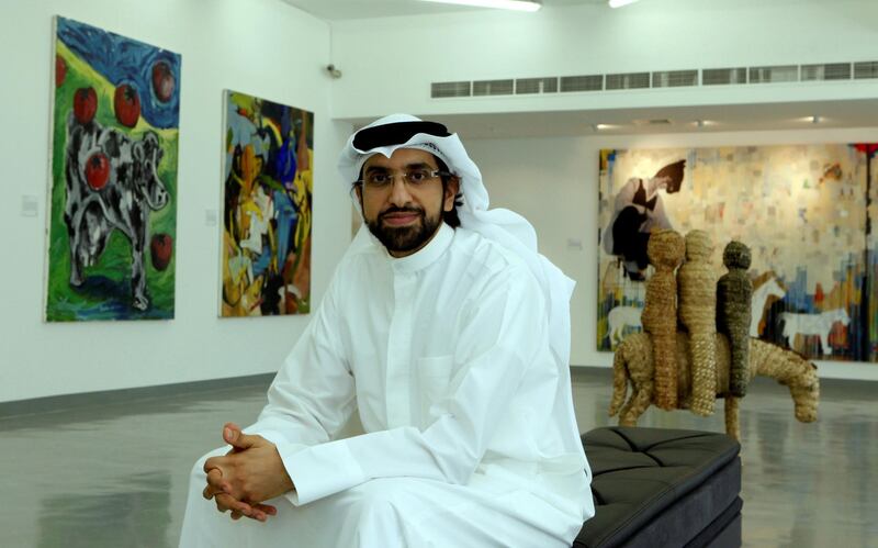 Sharjah, 28th June 2010.  Sultan Al Qassemi with the arts exhibited.  At Barjeel Art Foundation, Maraya Art Centre in Al Qasba.  (Jeffrey E Biteng / The National)