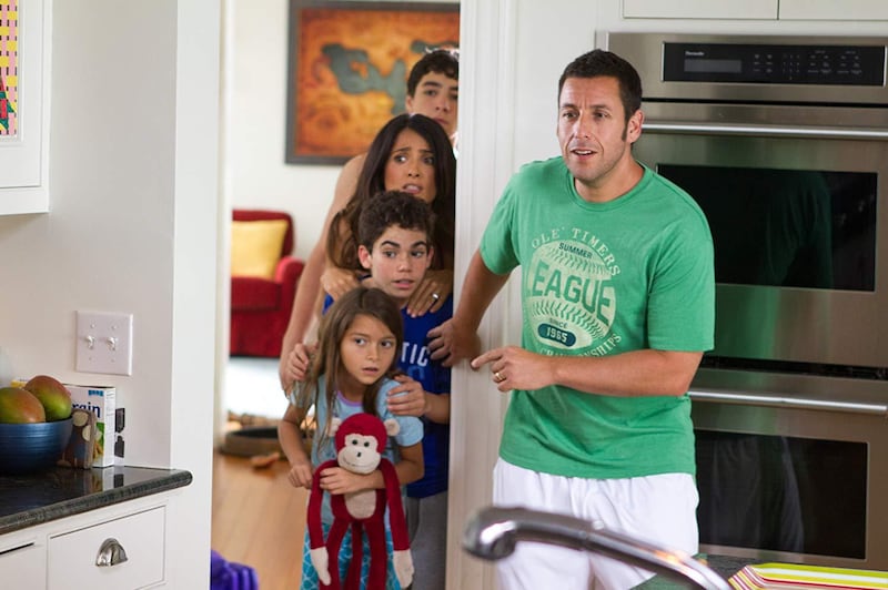 HIS WORK: Salma Hayek, Adam Sandler, Jake Goldberg, Cameron Boyce and Alexys Nycole Sanchezin 'Grown Ups 2' (2013)