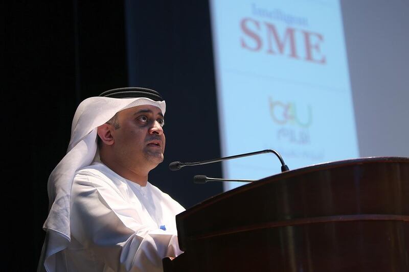 Hani Al Hamli, Secretary General of the Dubai Economic Council speaks at the SME World Summit 2015 in Dubai. Satish Kumar / The National