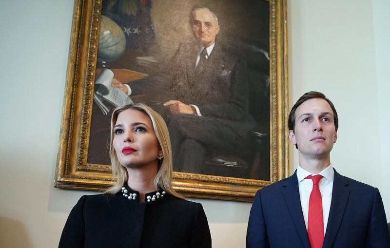 (FILES) In this file photo taken on March 8, 2018 Ivanka Trump and Jared Kushner attend a Cabinet meeting in the Cabinet Room of the White House in Washington, DC. Ivanka Trump, daughter of US President Donald Trump, and her husband Jared Kushner, both senior White House advisers, earned at least $82 million in outside income in 2017, according to a report by the Washington Post after the release of financial disclosure forms on June 11, 2018. / AFP / MANDEL NGAN
