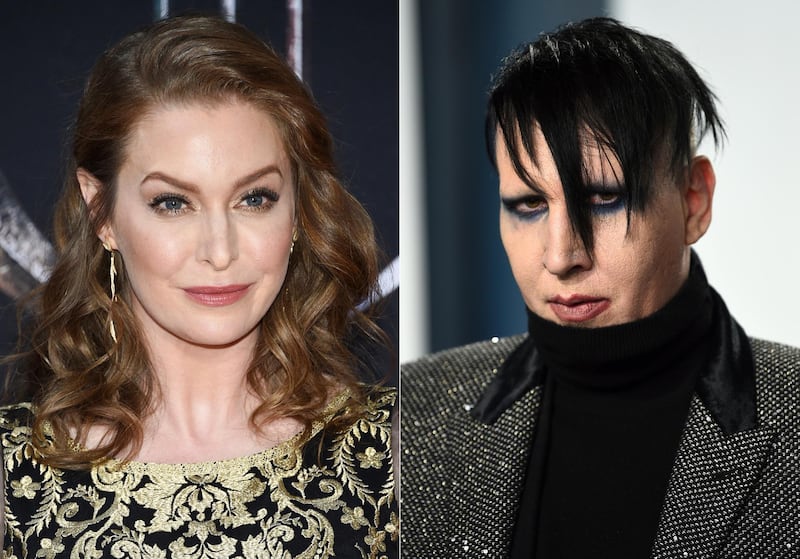 In this combination photo, actress EsmÃ© Bianco appears at HBO's "Game of Thrones" final season premiere in New York on April 3, 2019, left, and musician Marilyn Manson appears at the Vanity Fair Oscar Party in Beverly Hills, Calif. on Feb. 9, 2020. Bianco has sued Marilyn Manson alleging sexual, physical and emotional abuse. She filed the lawsuit in federal court in Los Angeles on Friday, April 30, 2021. (Photos by Evan Agostini/Invision/AP)