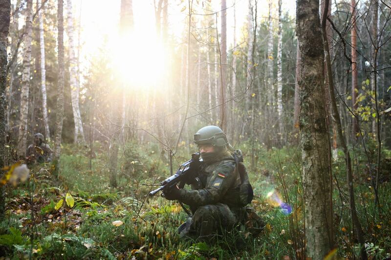 A German soldier takes part in a military exercise during the Baltic Tiger 2022 binational training drill near Amari, Estonia. Reuters