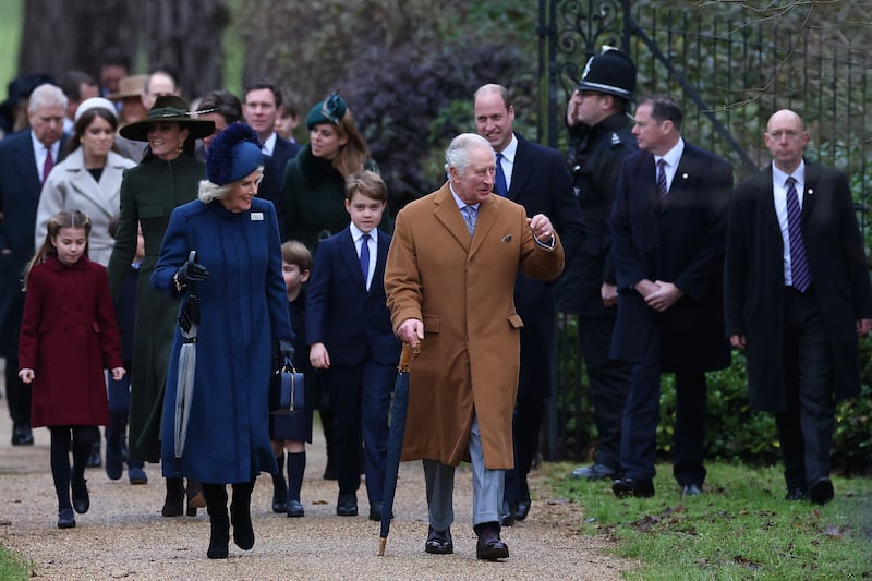 Queen Consort Camilla and King Charles III arrive at the Norfolk church. Getty