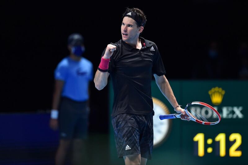 Austria's Dominic Thiem reacts after winning the first set against Spain's Rafael Nadal. AFP