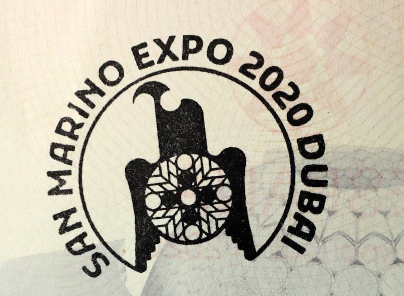 Passport stamp for the pavilion of San Marino.