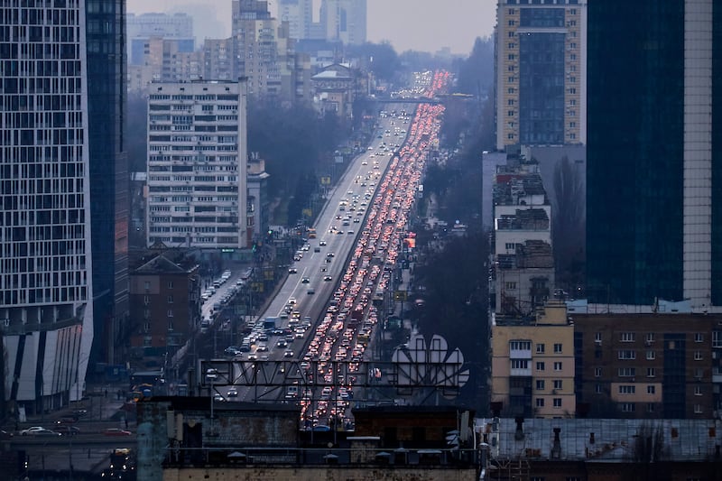 A mass exodus from Kyiv after pre-offensive missile strikes by Russian armed forces on February 24, 2022. Getty Images
