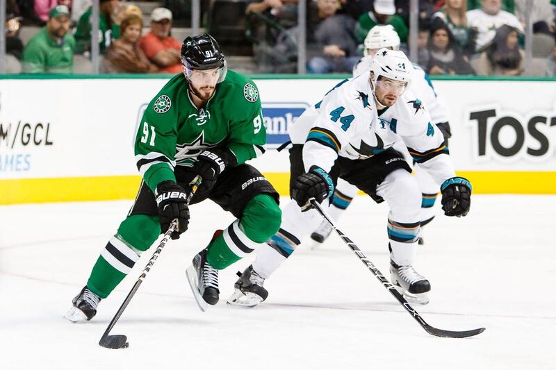 Dallas Stars’ Tyler Seguin, left, is tied for the NHL lead in points with 23 but says his team are more focused on defence. Andrew Dieb / AP Photo

