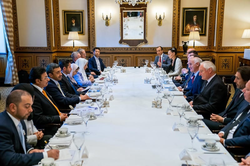 Sheikh Abdullah highlighted the UAE's interest in enhancing the volume of joint investments with the United Kingdom, based on the strategic relations between the two countries and their desire to boost joint cooperation. MOFAAIC / Wam