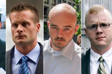 Blackwater guards, from left, Dustin Heard, Evan Liberty, Nicholas Slatten and Paul Slough convicted in a 2007 massacre in Baghdad that killed 14 people and pardoned by President Trump. AP