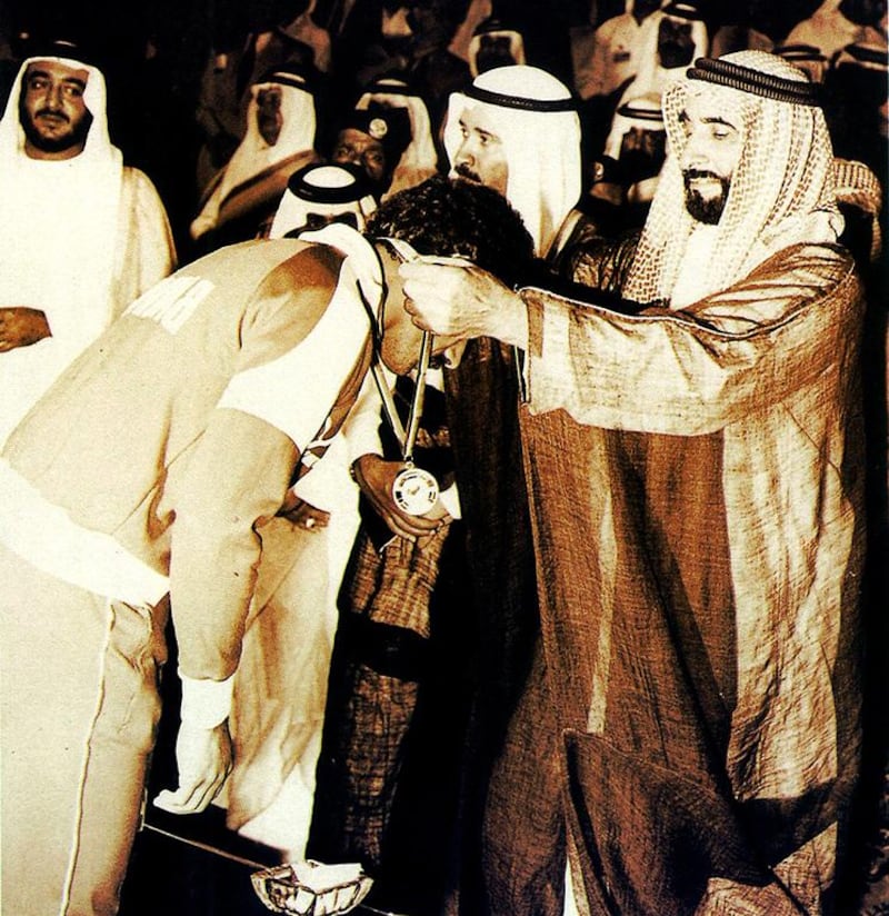 Sheikh Zayed, Founding President of the UAE, right, during the first Gulf Cup of Nations at Zayed Sports City in 1982. Courtesy Zayed Sports City