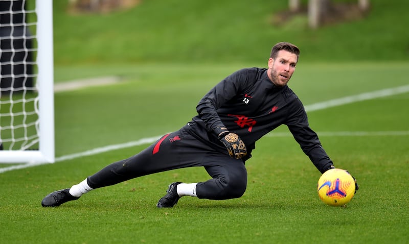 KIRKBY, ENGLAND - NOVEMBER 26: (THE SUN OUT, THE SUN ON SUNDAY OUT) Adrian of Liverpool during a training session at AXA Training Centre on November 26, 2020 in Kirkby, England. (Photo by Andrew Powell/Liverpool FC via Getty Images)