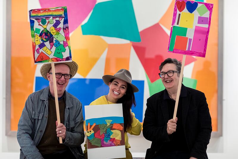 From left: artists Bob and Roberta Smith, Es Devlin and Mark Wallinger with children's artworks at Tate Modern, as part of The Wild Escape. Photo: Art Fund