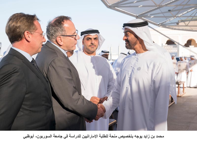 ABU DHABI, UNITED ARAB EMIRATES - March 19, 2018: HH Sheikh Mohamed bin Zayed Al Nahyan Crown Prince of Abu Dhabi Deputy Supreme Commander of the UAE Armed Forces (R), receives Professor Jean Chambaz, President of Sorbonne University and Chancellor of Sorbonne University Abu Dhabi (2nd L), during a Sea Palace barza. 

( Mohamed Al Hammadi / Crown Prince Court - Abu Dhabi )
---