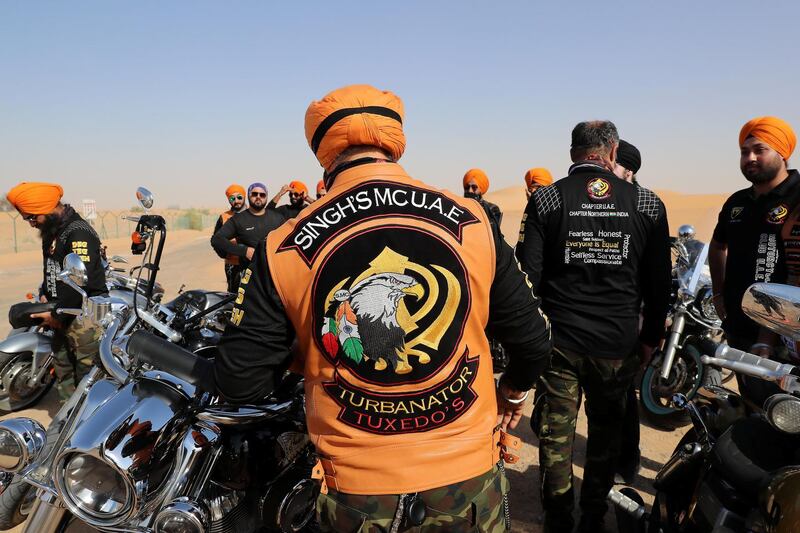 DUBAI ,  UNITED ARAB EMIRATES , May 17 – 2019 :- Gurnam Singh one of the founder of SMC ( Singhs Motorcycle Club UAE ) in his bike jacket during the morning bike ride in Dubai. They are into charity events also. This Club was founded by Gurnam Singh and Tanuj Singh in 2014. They ride every Friday morning in different parts of the UAE. ( Pawan Singh / The National ) For Arts&Culture/Big Picture/Instagram/Online. Story by Kate