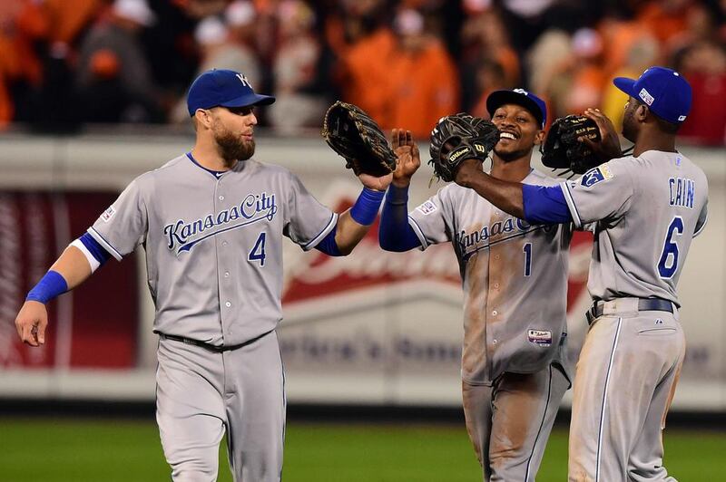 From left, Alex Gordon, Jarrod Dyson and Lorenzo Cain of the Kansas City Royals celebrate defeating the Baltimore Orioles in Game 2 of the American League Championship Series at Camden Yards on October 11, 2014, in Baltimore, Maryland. Patrick Smith / Getty Images


