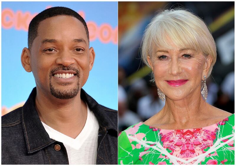 This combination photo shows Will Smith at the Nickelodeon Kids' Choice Awards in Los Angeles on March 23, 2019, left, and Helen Mirren at a special screening of "Fast & Furious: Hobbs & Shaw," in London on July 23, 2019. Smith and Mirren will read a bedtime story during a one-night fundraising event to help fight global homelessness. They will each tell their story from different locations during the Worldâ€™s Big Sleep Out on Dec. 7. The campaign will encourage people in 50 cities globally to sleep outside for a night in hopes of raising $50 million for the charity. (AP Photo)