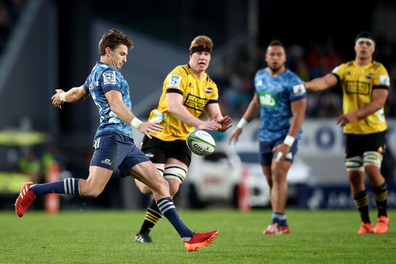 Beauden Barrett of the Blues clears the ball at Eden Park. Getty