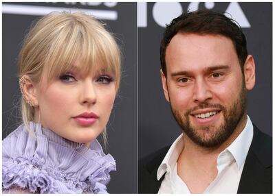 This combination photo shows Taylor Swift at the Billboard Music Awards at the MGM Grand Garden Arena in Las Vegas on May 1, 2019, left, and Scooter Braun at the 2019 MOCA benefit in Los Angeles on May 18, 2019. Braunâ€™s Ithaca Holdings acquired Big Machine Label Group, home to Swiftâ€™s first six albums, including the Grammy winners for album of the year, 2008â€™s â€œFearlessâ€ and 2014â€™s â€œ1989.â€ (Photos by Richard Shotwell, left, and Mark Von Holden/Invision/AP)
