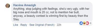 Just one of the comments aimed at Khadija Ben Hamou. Facebook