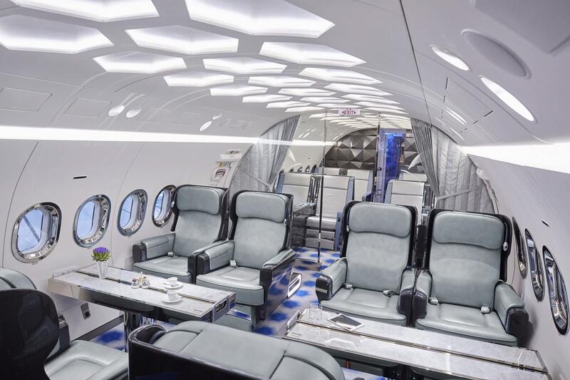 The Royal Jet BBJ R6RJV interior. There are eight first-class, lie-flat seats, eight business-class seats, and a separate section at the back with 18 economy-sized seats. Courtesy Royal Jet 