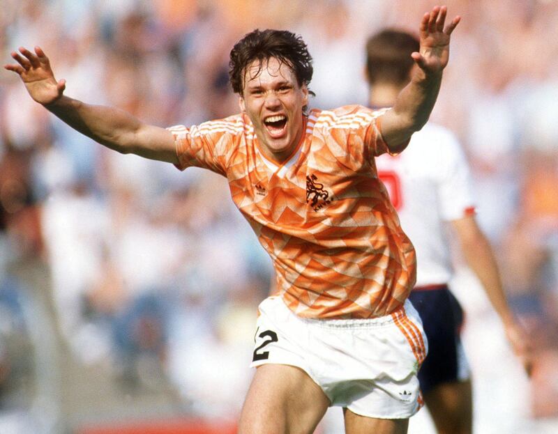 DUSSELDORF, GERMANY - JUNE 15:  EM 1988 in DEUTSCHLAND, Duesseldorf; ENGLAND - HOLLAND (ENG - HOL) 1:3; JUBEL: Marco VAN BASTEN/HOL  (Photo by Bongarts/Getty Images)