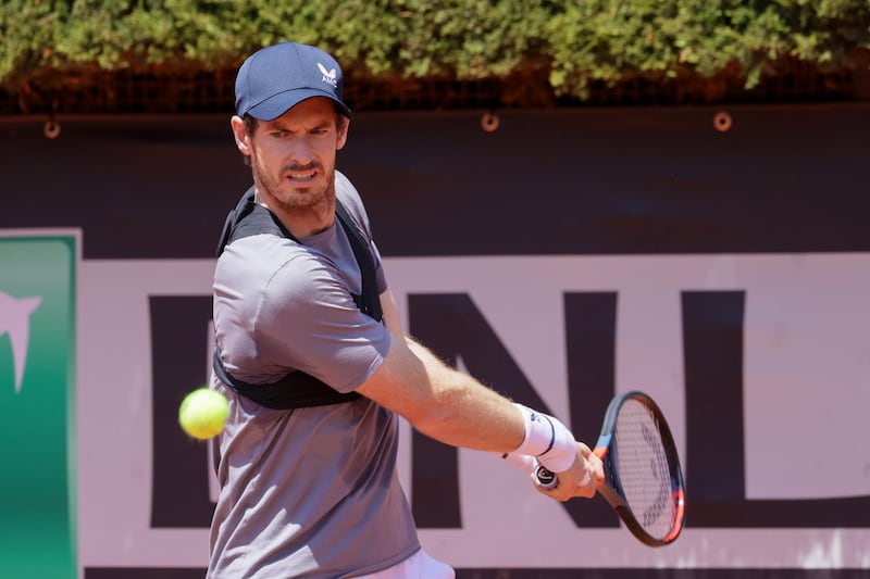 ROME, ITALY - MAY 09: Andy Murray of Great Britain plays a backhand during a training session during the Internazionali BNL d'Italia 2021 at Foro Italico on May 09, 2021 in Rome, Italy. (Photo by Giampiero Sposito/Getty Images)