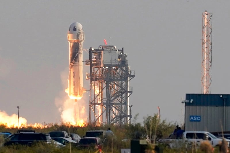  Blue Origin's New Shepard rocket launches carrying passengers Jeff Bezos, founder of Amazon and space tourism company Blue Origin, brother Mark Bezos, Oliver Daemen and Wally Funk, from its spaceport near Van Horn, Texas on July 20, 2021.  AP 