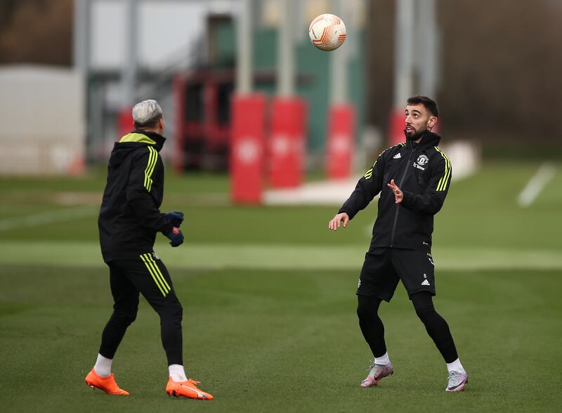  Manchester United's Antony, left, and Bruno Fernandes during training. EPA 