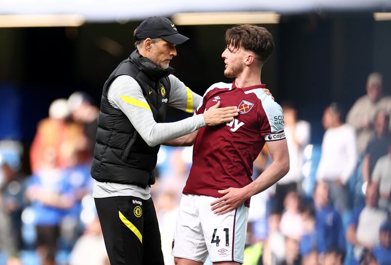 Chelsea manager Thomas Tuchel with Declan Rice of West Ham after the match. Getty