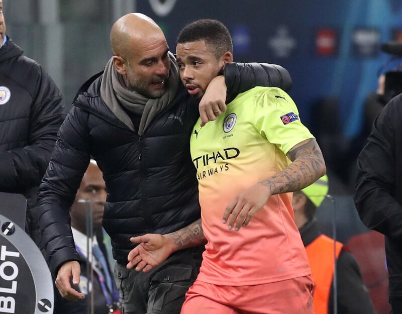 Soccer Football - Champions League - Group C - Atalanta v Manchester City - San Siro, Milan, Italy - November 6, 2019  Manchester City's Gabriel Jesus speaks with Manchester City manager Pep Guardiola after he is substituted off       Action Images via Reuters/Carl Recine