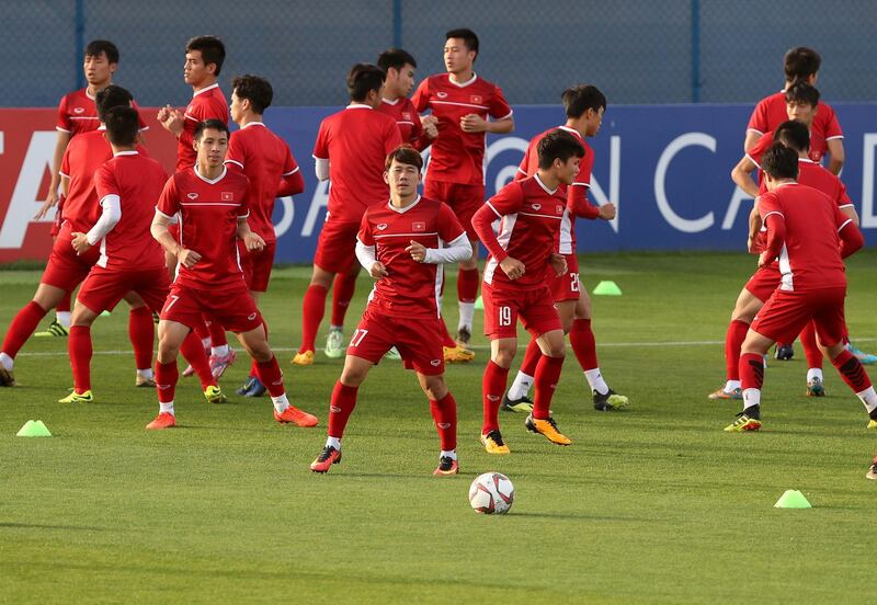 Dubai, United Arab Emirates - January 23, 2019: The Vietnam team trains ahead of their Asian cup quarterfinal against Japan. Wednesday, January 23rd, 2019 at Al Maktoum Stadium, Dubai. Chris Whiteoak/The National